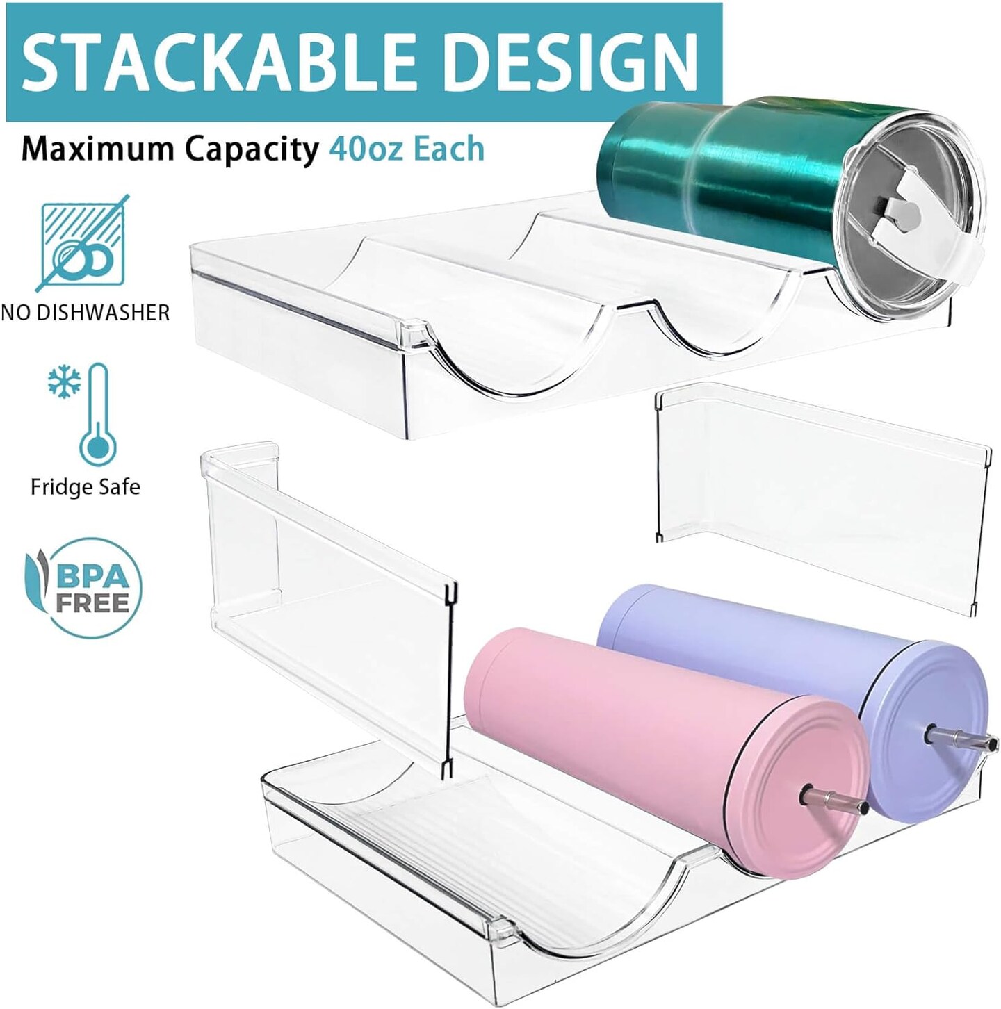 [ Large Compartment ] 3 Pack Water Bottle Organizer, Stackable Kitchen Home Organization and Storage Shelf, Plastic Water Bottle Holder for Fridge Cupboard Pantry Organizer, Tumbler Mug Cup Organizer
