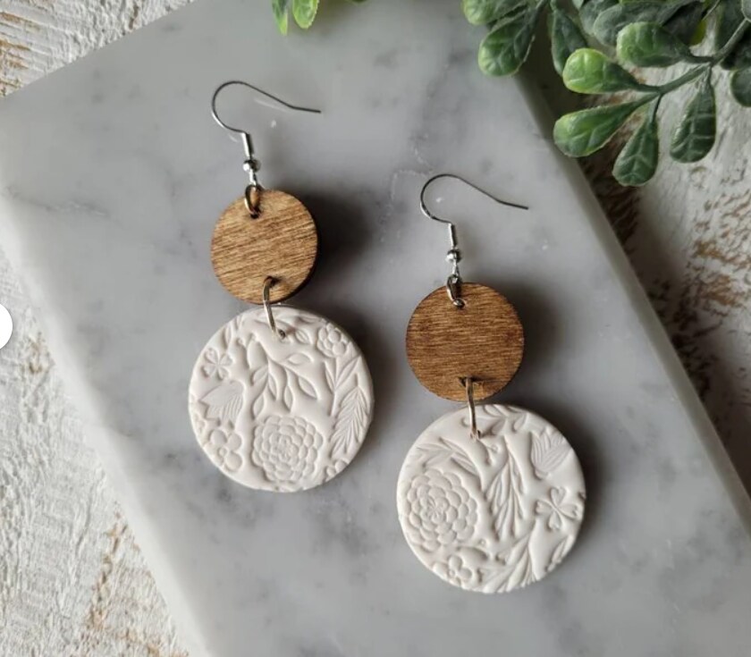 Handmade Polymer Clay Earrings, Floral Earrings, Dangle Earrings, White Clay Earrings, Wood Earrings, Flowers, Gift for Her, Gift Idea 257838384531193857