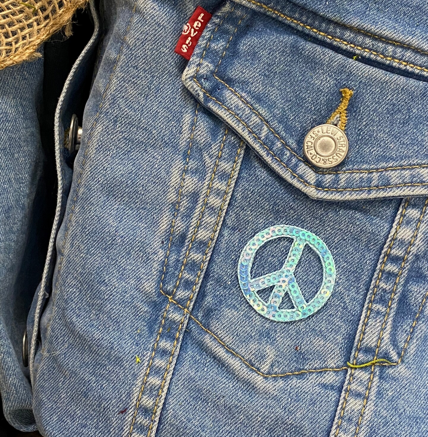 Light Blue Sequin Peace Sign, Embroidered, Iron on Patch