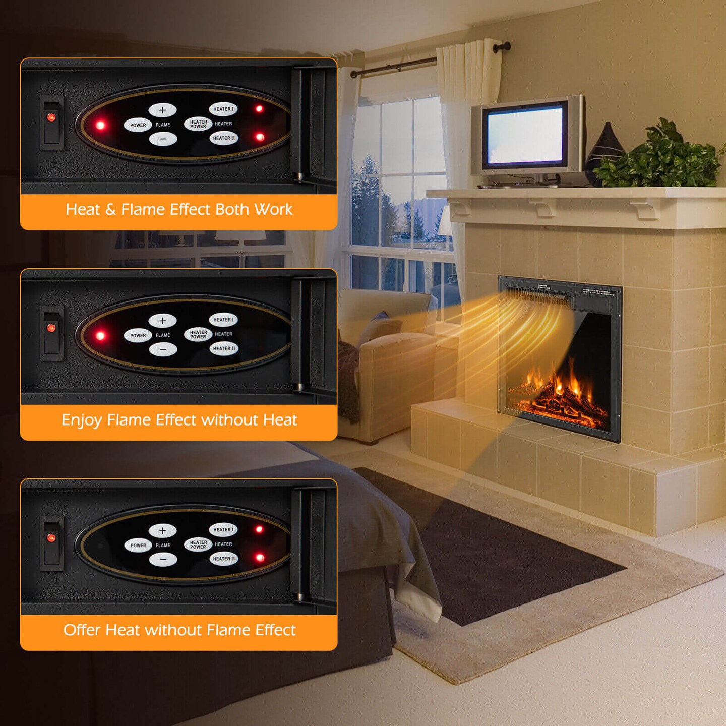 Electric Fireplace Insert with 7-Level Adjustable Flame Brightness