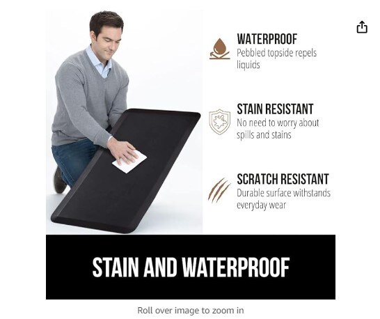 Anti Fatigue Standing Desk Mat, Thick Cushioned Kitchen Floor Mats, Washable, Stain Resistant, Supportive Comfort Padded Rug, Ergonomic Office Antifatigue Runner Pad, 32x20 Inches, Black