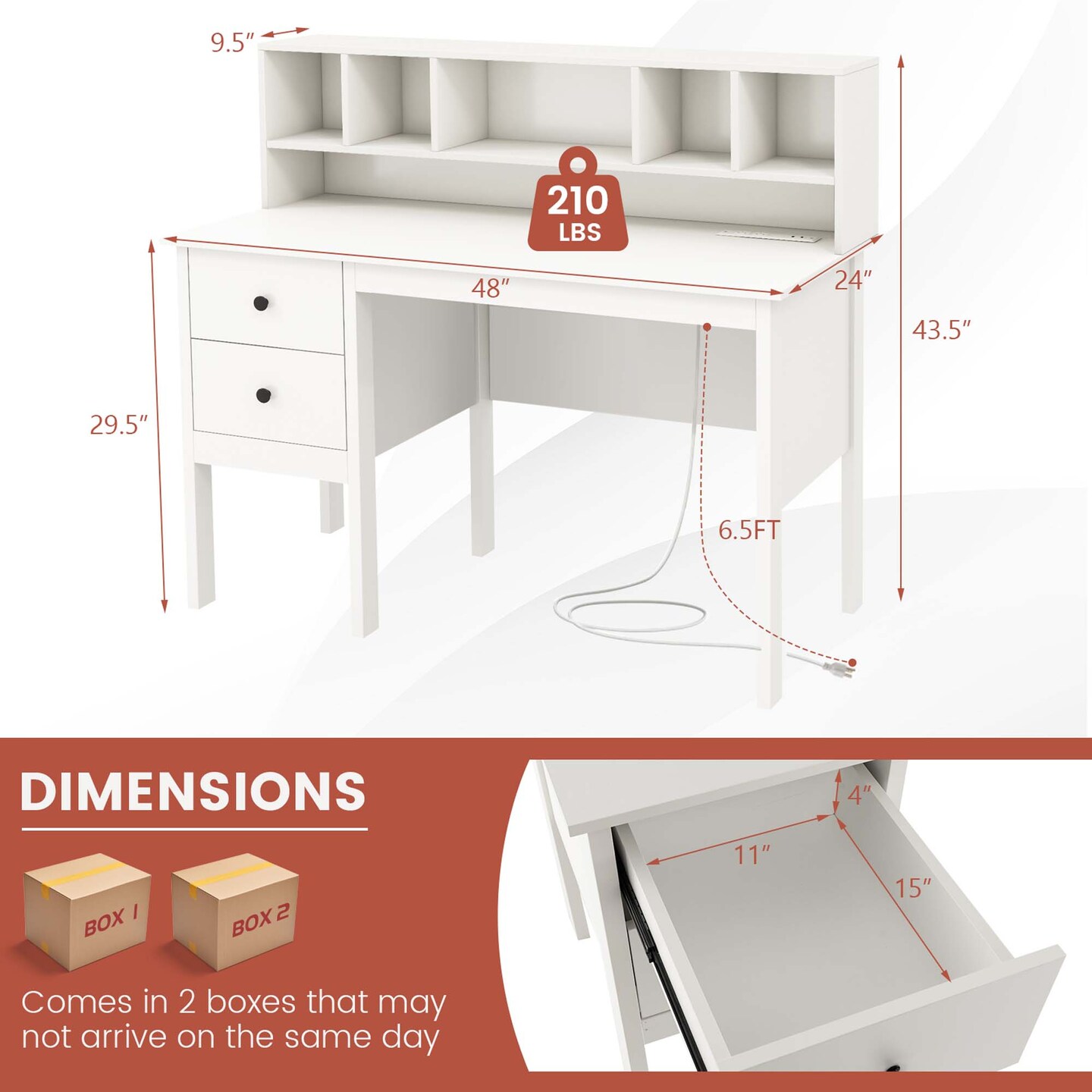 Costway Computer Desk 48&#x22; Writing Table w/ Power Outlets 5-Cubby Hutch 2 Storage Drawers