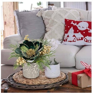 9" Glitter Magnolia Flower Golden Berries Fir Greenery Artificial Christmas Floral Centrepiece in Silver Ceramic Pot TableTop Christmas Table Arrangement Decor