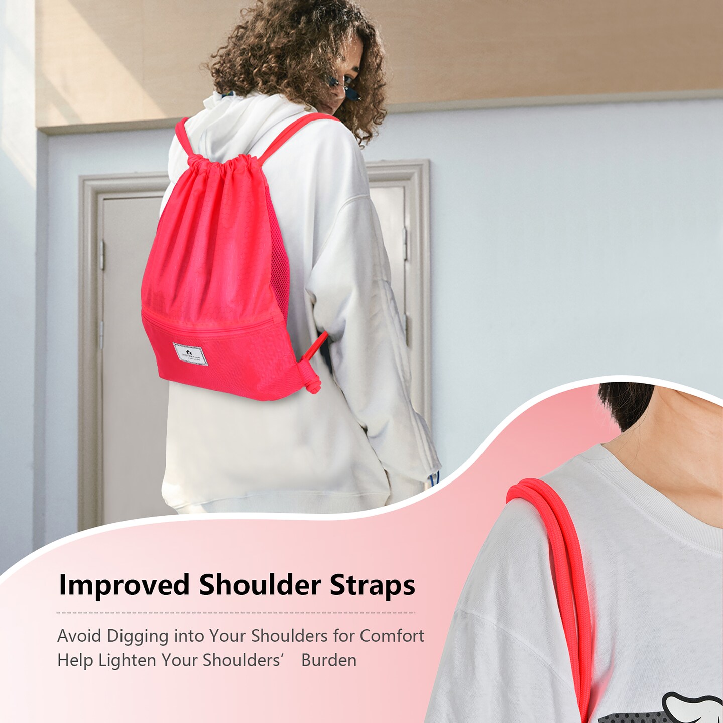 Costway Drawstring Backpack String Bag Folding Sports Sack w/Zipper Pocket Black\Blue\Green\Pink