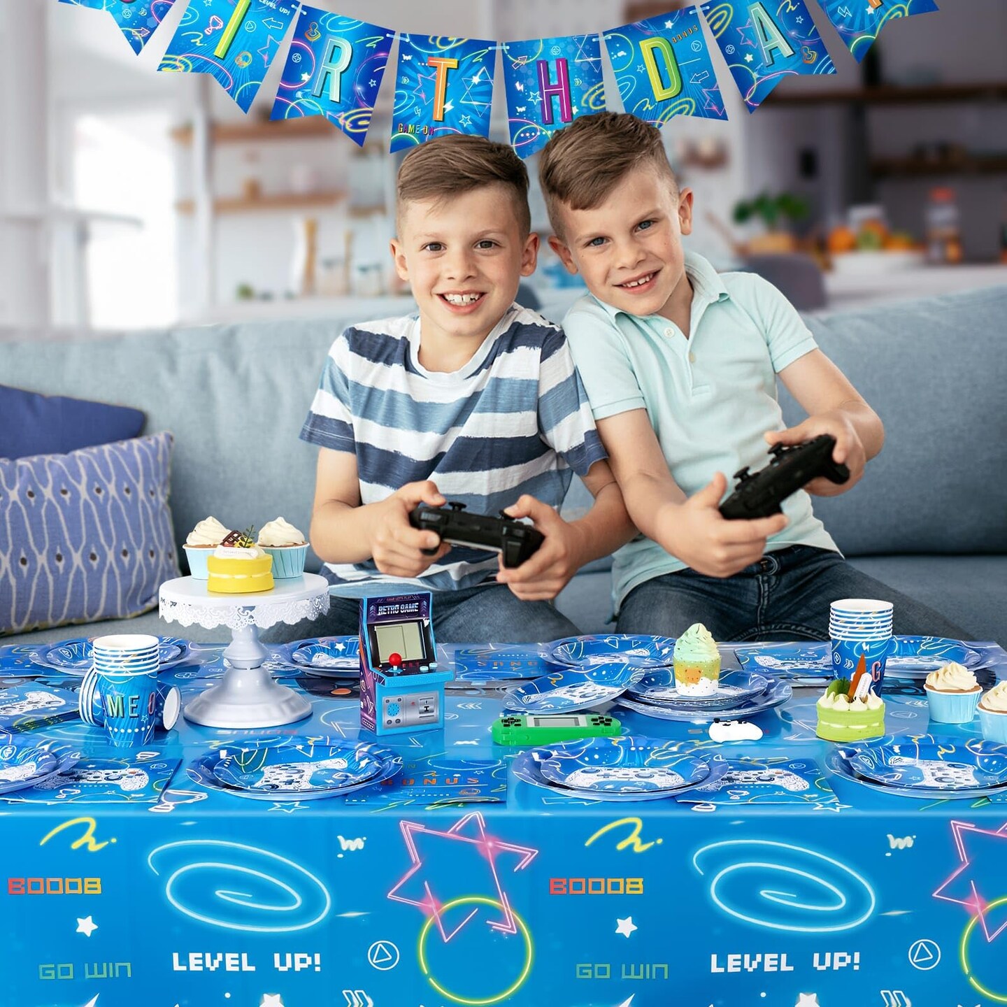 88 Pieces Gamer Birthday Party Decorations for Kids Boys Family Gaming Night Tableware Set Happy Birthday Banner Tablecloth Plates Napkins Cups Balloons Serves 16 Guests