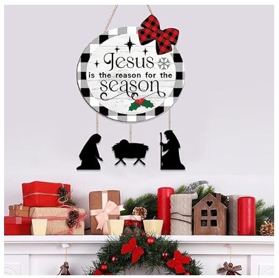 Christmas Nativity Scene Front Door Hanger Christmas Wooden Door Wreath Welcome Sign Xmas Wooden Wall Hanging Decor for Front Door Wall