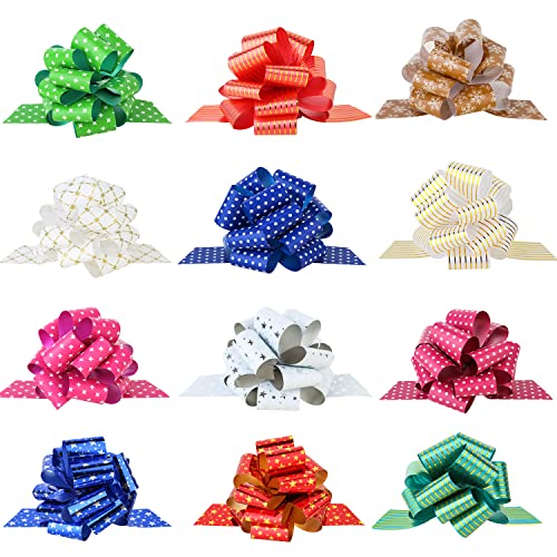 PintreeLand 12PCS Christmas Wrap Pull Bows with Ribbon 5&#x201D; Wide Wrapping Accessory for Xmas Present, Gift, Florist, Bouquet, Basket(12PCS)