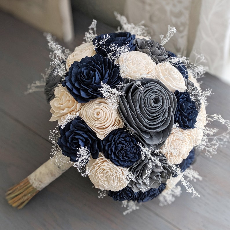 Navy, Charcoal, and Ivory Sola Wood Flower Bouquet with Baby's Breath