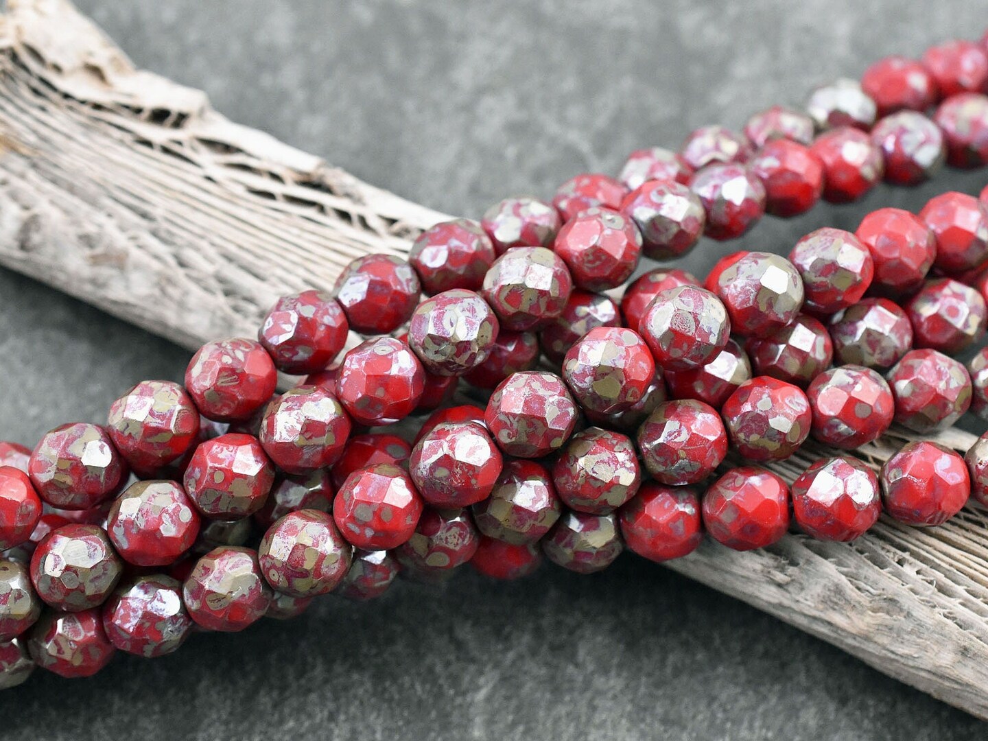*25* 8mm Fire Engine Red Silver Travertine Fire Polished Round Beads