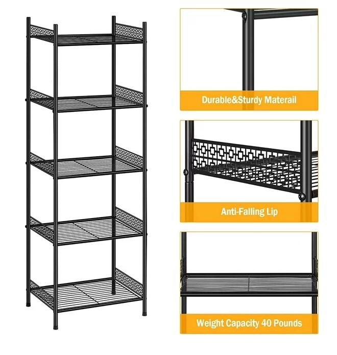 Set of 2 Black, 5 Tier Wire Shelving Unit Metal Storage Organizer Rack