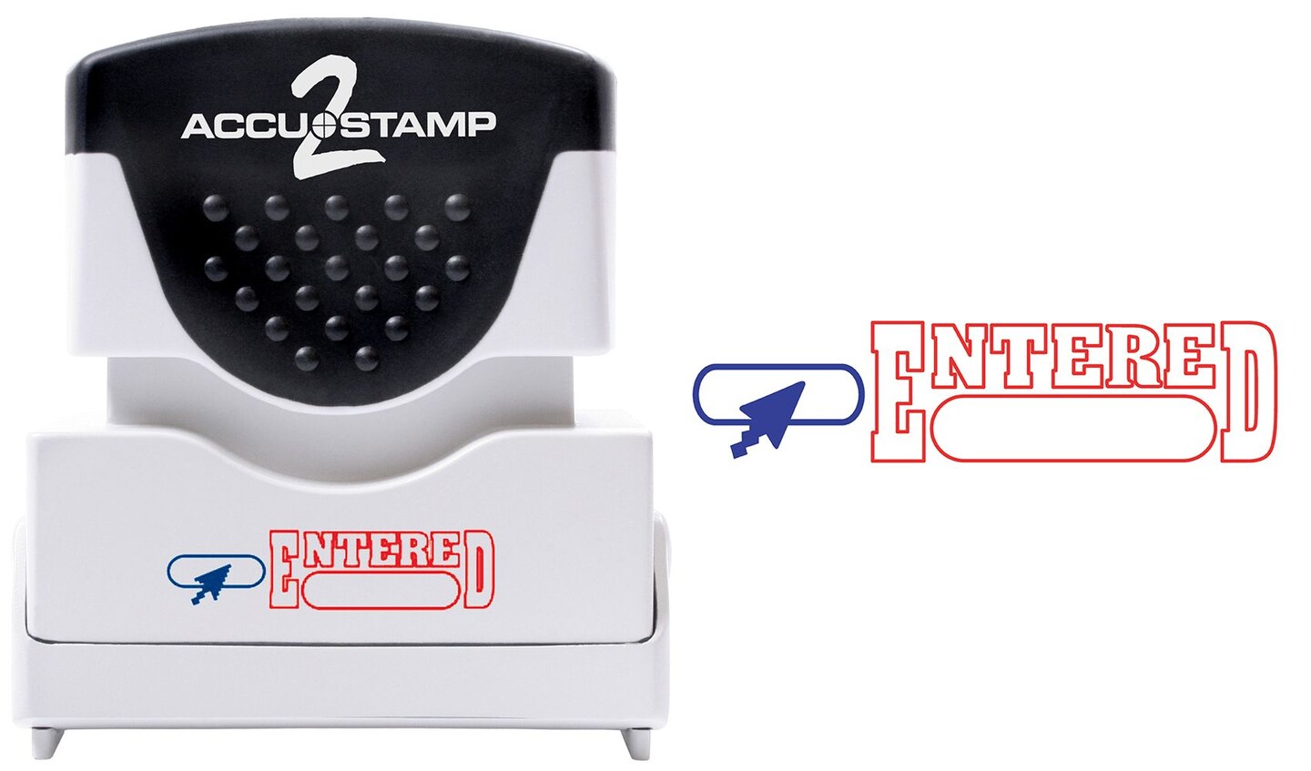 ACCUSTAMP2 Message Stamp, 2-color, Pre-inked, ENTERED, 1-5/8" x 1/2" impression size, Red Message with Blue Symbol