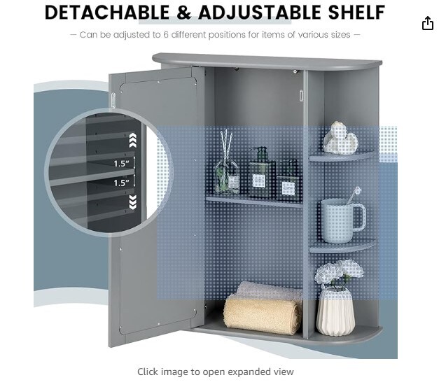 Storage Organizer with Mirror Door, Adjustable Shelves &#x26; 6 Open Racks, Space-Saving Hanging Medicine Cabinet for Living Room Kitchen Entryway (Gray)