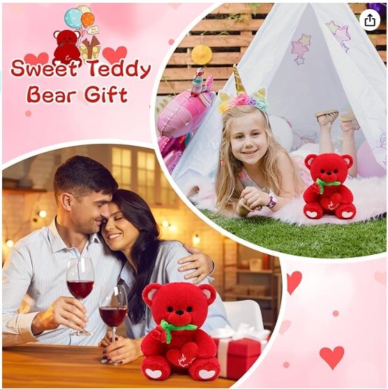 Cute Red Teddy Bear Plush Toy, Stuffed Teddy Bear with Rose Plush Teddy Bear for Kids Birthday Girlfriend Valentine's Day Gifts