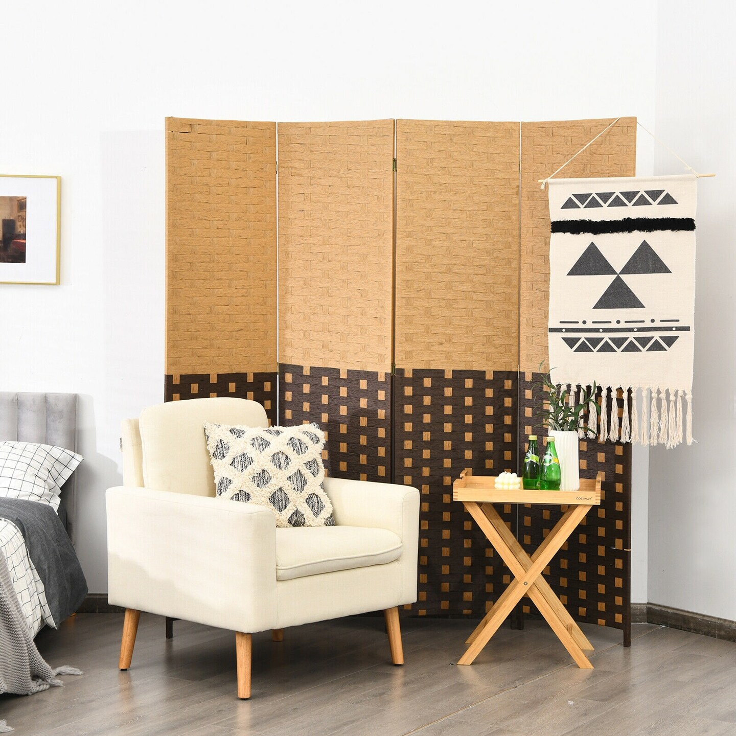 4 Panel Portable Folding Hand-Woven Wall Divider Suitable for Home Office-Brown