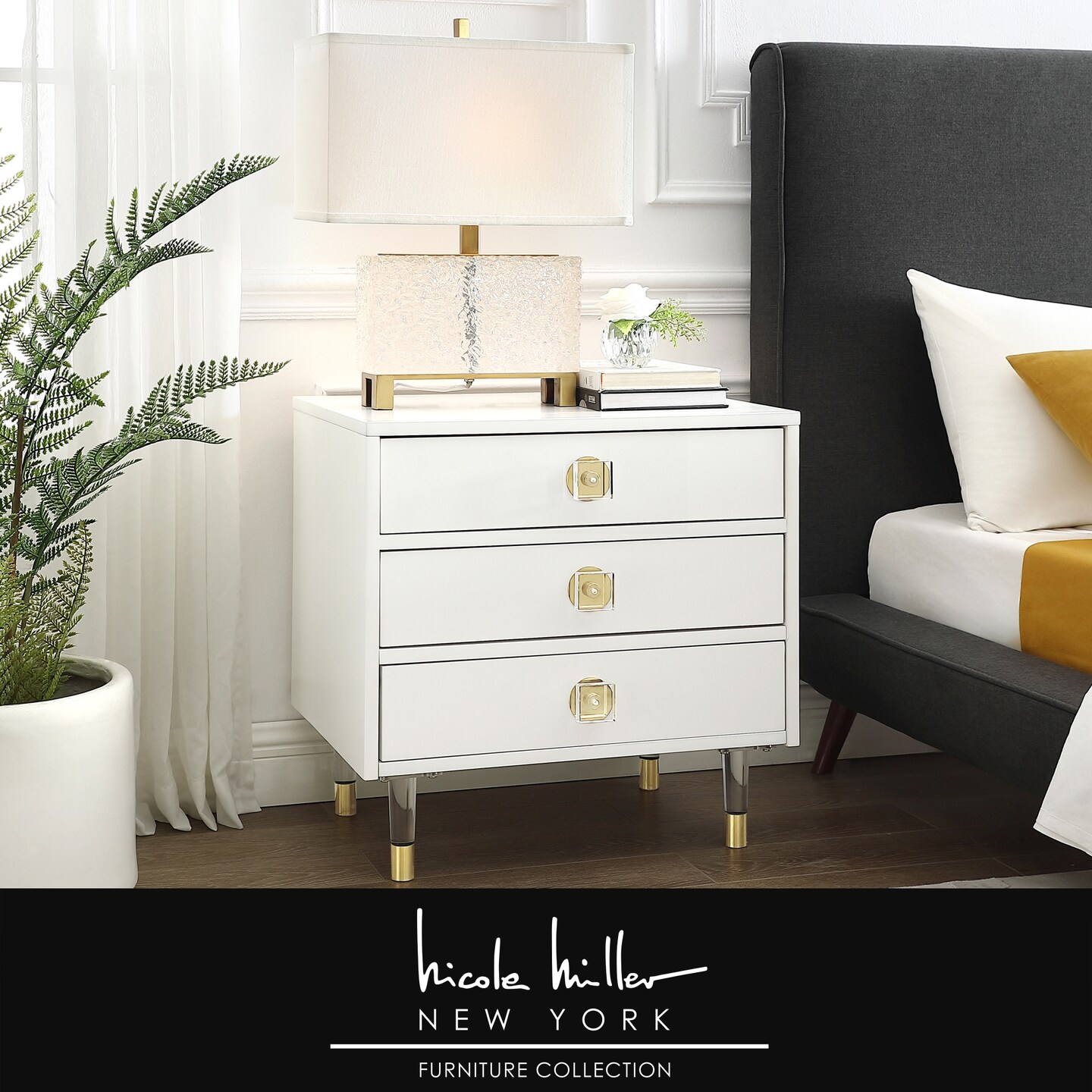 Telono High Gloss 3-Drawer Acrylic Knob/Leg Accent/Side Table Nightstand
