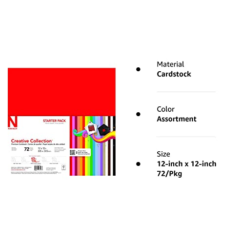 72 Sheets Creative Collection Starter Kit Cardstock, 12" x 12", 65 lb/176 gsm 18-Color Assortment