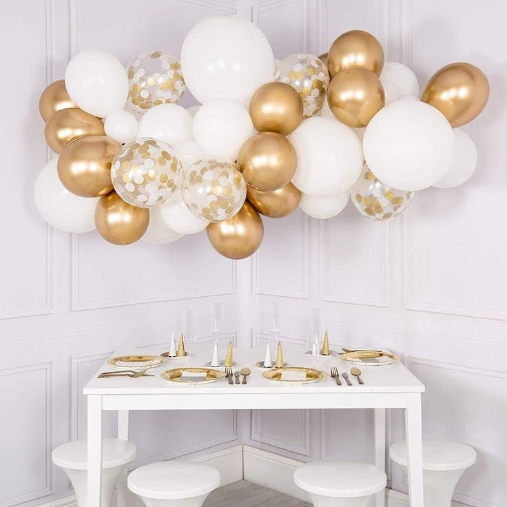 50 Pieces White and Gold Confetti Latex Balloons, 12 inch gold and white Party Balloons with Ribbons for Birthday Graduation Wedding Bridal Shower Party Decoration