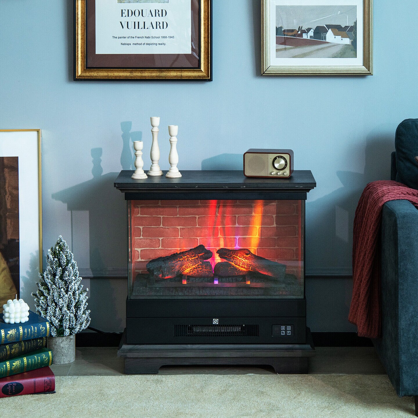 Freestanding Electric Fireplace with 3-Level Vivid Flame Thermostat