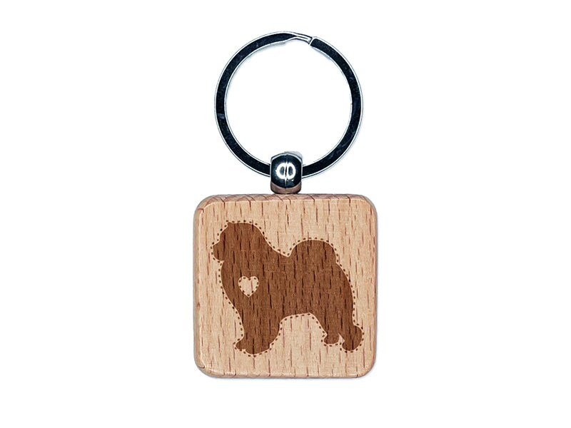 Chow Chow Dog with Heart Engraved Wood Square Keychain Tag Charm