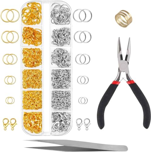 1200 pieces Open Jump Rings and Lobster Clasps with Jump Ring Pliers, Perfect Jewelry Findings Kit for Jewelry Making Supplies and Necklace Repair