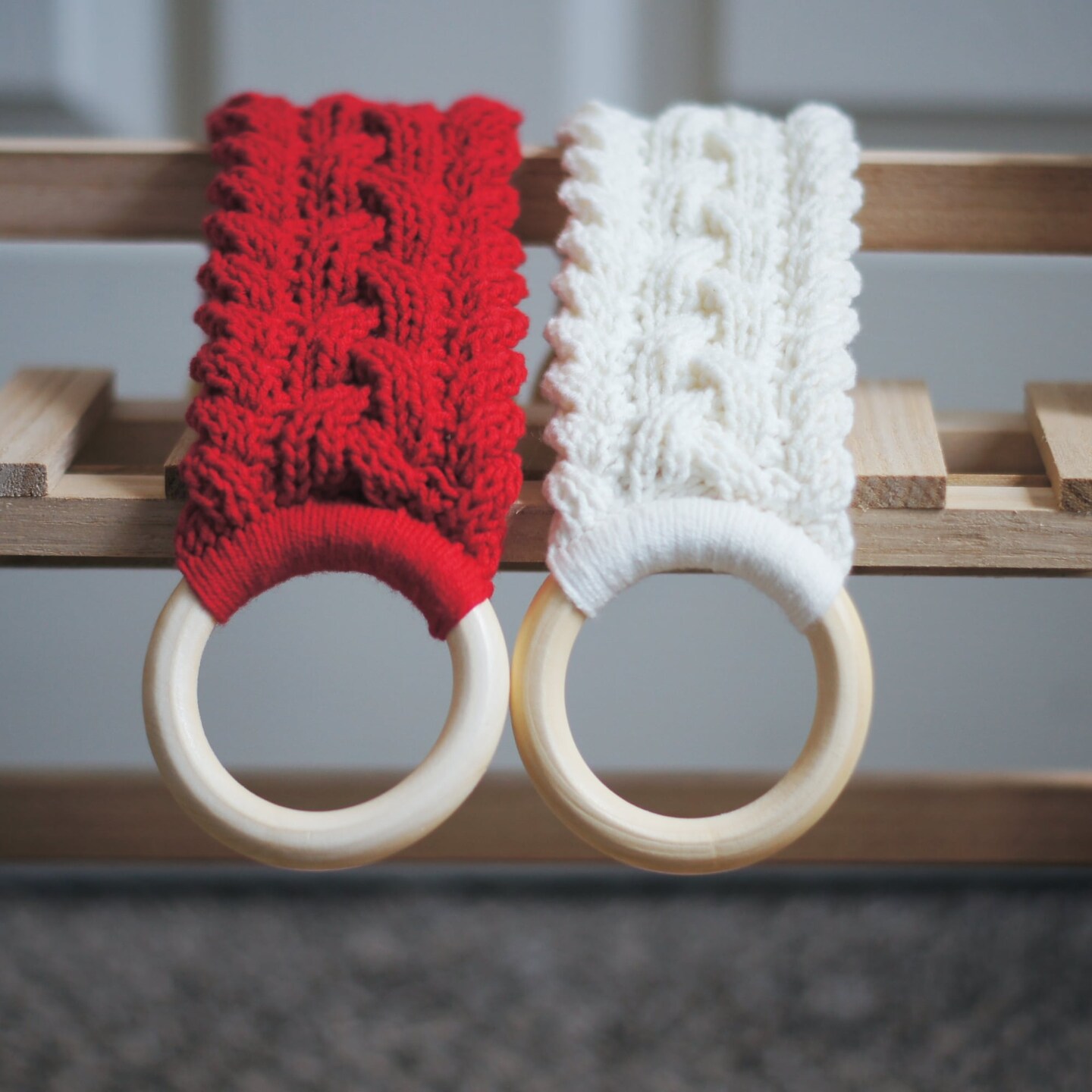 Hand-Knitted Kitchen Towel Holder with Wooden Rings