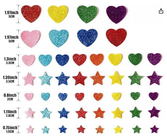 450 pieces colorful glitter foam stickers Self Adhesive Stars Mini Heart Shapes Glitter Stickers