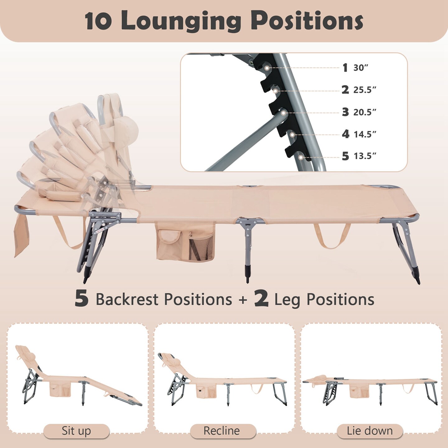 Goplus 2PCS Outdoor Beach Lounge Chair Folding Chaise Lounge with Pillow Beige