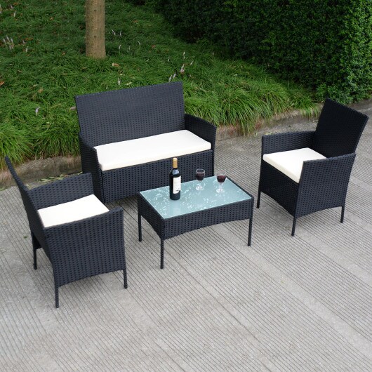 4 PCS Outdoor Rattan Wicker Cushioned Seat With A Loveset