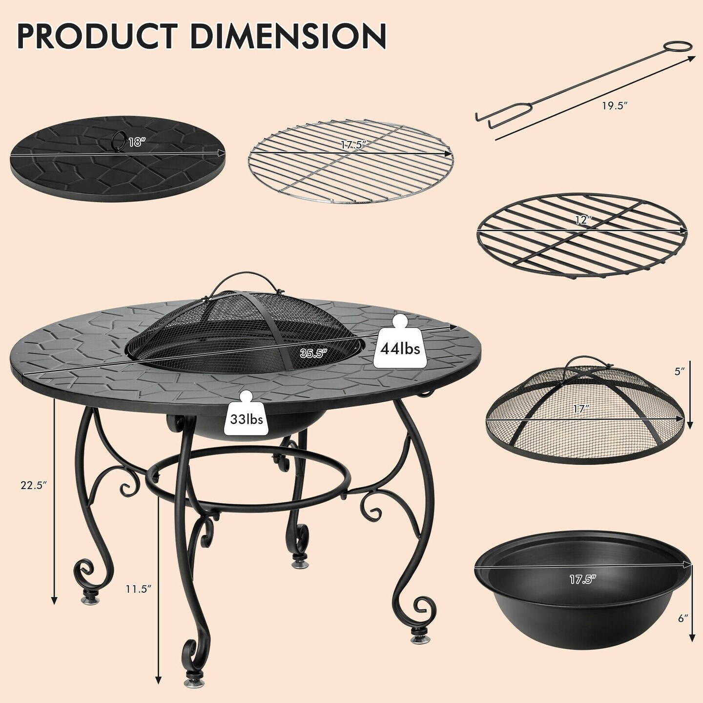 Black 35.5" Wood Burning Fire Pit Dining Table with BBQ Grill