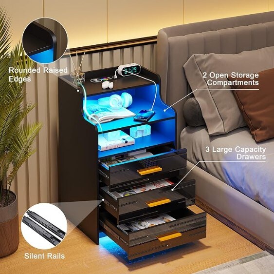 LED Nightstand with Charging Station, Black Nightstand with 3 Drawers, Wireless Charging/USB Ports on Smart Nightstand, Modern Bedside Table with Sensor Light for Bedroom Furniture (Black)