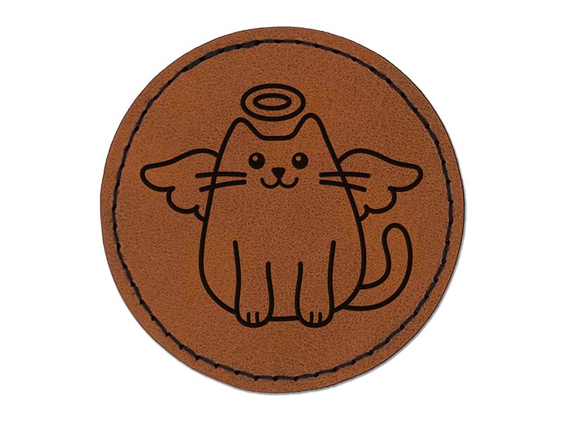 Cat Angel Round Iron-On Engraved Faux Leather Patch Applique - 2.5&#x22;