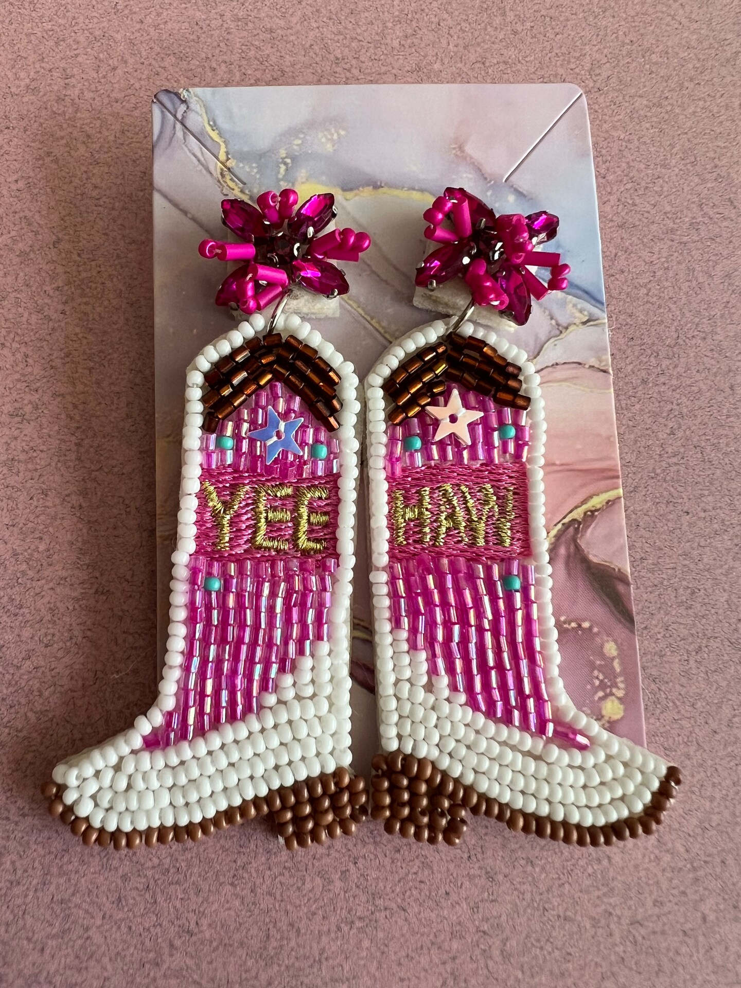 Boots-shaped Yee Haw rice bead stud earrings