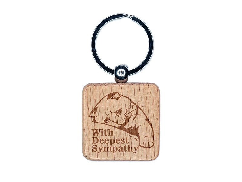 Sad Cat With Deepest Sympathy Engraved Wood Square Keychain Tag Charm