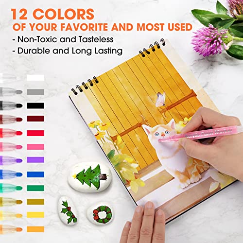 Acrylic Paint Pens Markers -12 Color Waterproof Paint Pens for Rock Painting,Graffiti, Stone, Ceramic, Glass, Wood, Fabric, Canvas, Porcelain, Metal,Water Based Quick Dry Non-Toxic and No Odor