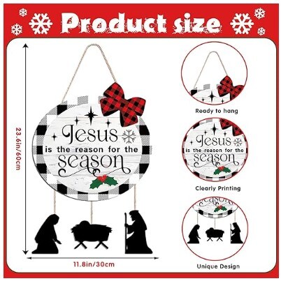 Christmas Nativity Scene Front Door Hanger Christmas Wooden Door Wreath Welcome Sign Xmas Wooden Wall Hanging Decor for Front Door Wall