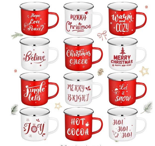 Christmas Enamel Winter Holiday Coffee Mugs with Quotes 12 Pcs Seasonal Merry Christmas Mugs 12 Oz Cups in white and red (Believe) Funny Novelty Xmas Coffee Mugs for Women, Coworkers, and Kids