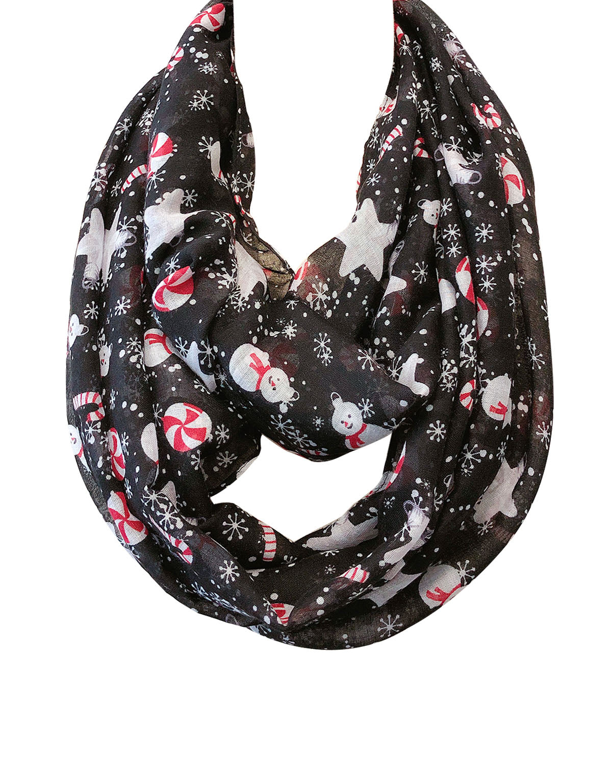 Wrapables Lightweight Winter Holiday Infinity Scarf, Snowman &#x26; Snowflakes Black