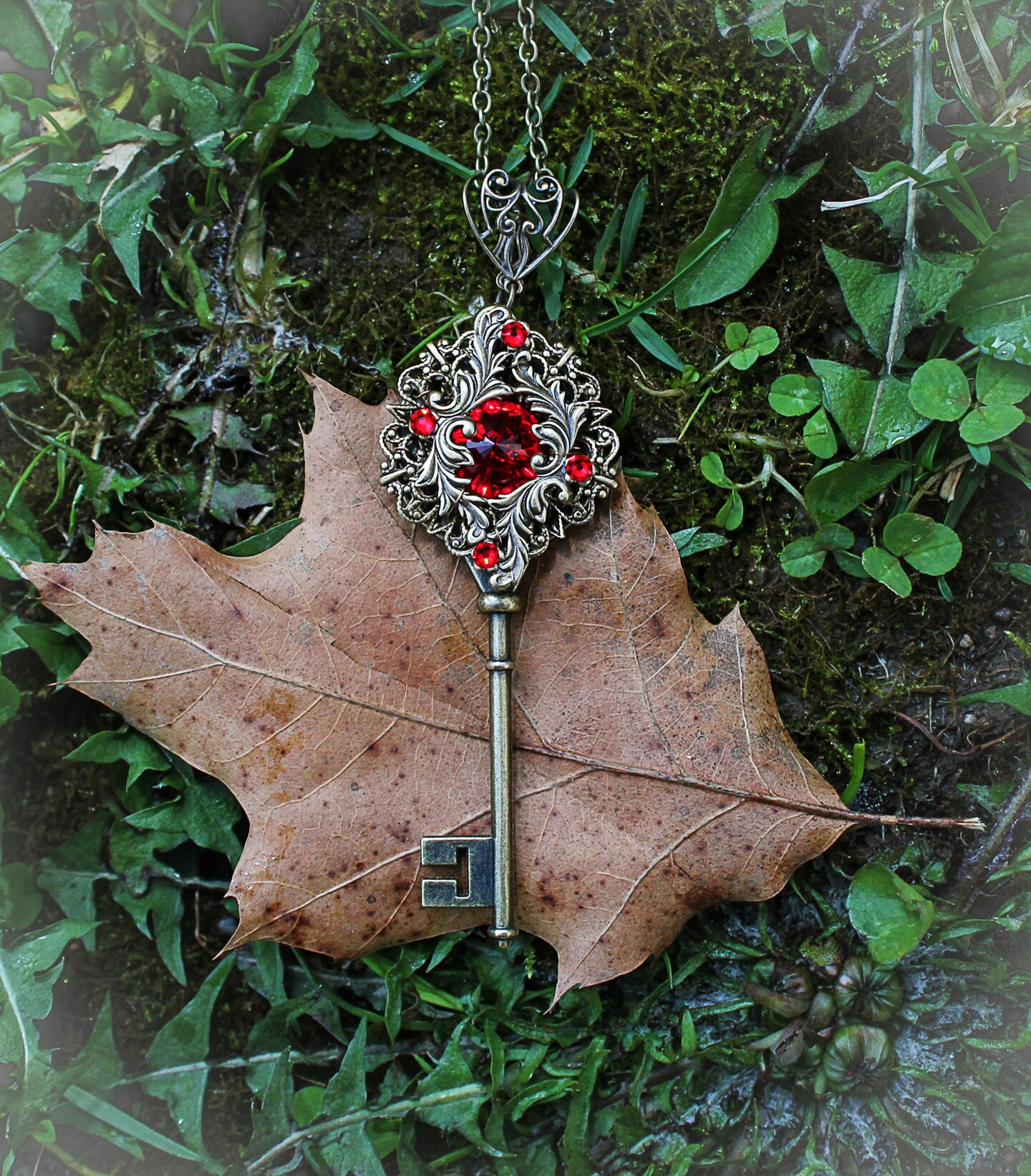 Vintage Key Necklace with Red Swarovski Crystals, Fantasy