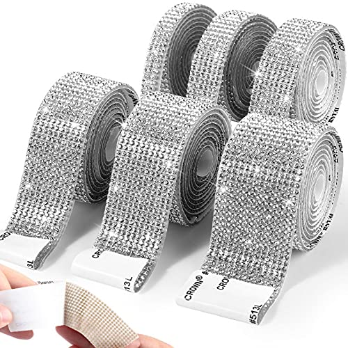 6 Rolls Self Adhesive Crystal Rhinestone Ribbon Diamond Bling Ribbons Wrap 6 Yards Mesh Glittering Sticker Roll for Arts Crafts Wedding Birthday DIY Event Car Phone Decoration (Silver)