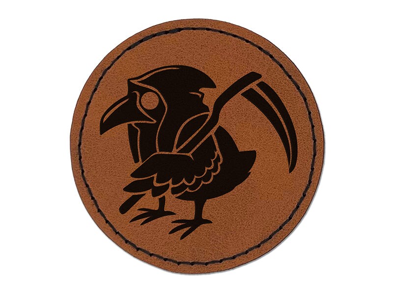 Reaper Raven Hood Scythe Round Iron-On Engraved Faux Leather Patch Applique - 2.5&#x22;
