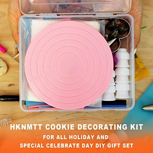 Cookie Decorating Supplies Kit 82Pcs With Storage Box, Sugar Cookies Turntable Set With 6 Piping Tips and Bags, Scribe Needle, Brush, Ideal Beginner Decorator Lover Kids Gift Valentine Halloween
