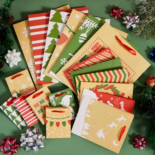 JOYIN 18 PCS Christmas Premium Holiday Gift Bags Assorted Sizes Creamy Kraft Style Prints (Small 5.5&#x201D; Medium 9&#x201D; Large 13&#x201D;) for Xmas Party Favors Decoration, Holiday Present Wrap D&#xE9;cor