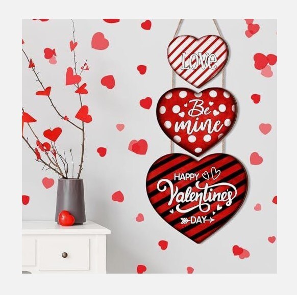 3 Pcs Hanging Valentine's Day Wooden Door Heart Porch Sign Decor