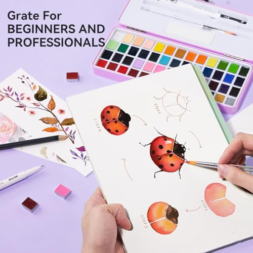 52 Watercolor Paint Set, Travel Watercolors Set with Drawing Pencil, Paint Brushes, 5 Watercolor Paper, Sponge &#x26; Black Drawing Pens, Water Colors Paint for Adults, Art Supplies, Purple Case