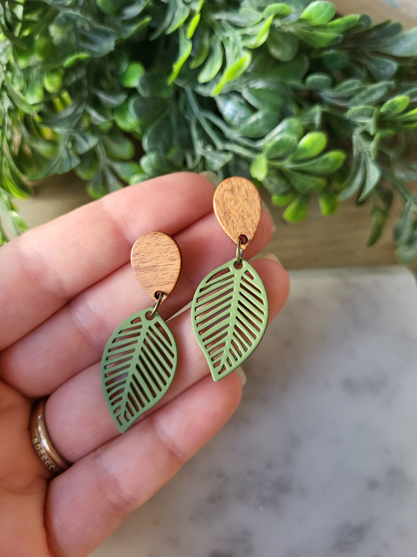 Wooden Leaf Earrings with Stainless Steel Fish Hooks Laser Cut Wood Drop Dangle Earrings for The Nature Lover in Caribbean Mist Gold Hardware
