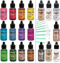 Ranger Tim Holtz Alcohol Pearls Complete Set Bundle (All 12 Colors), Ranger Tim Holtz Alcohol Ink Mixatives (All 7 Colors), 10 Pixiss Precision Ink Blending Tools