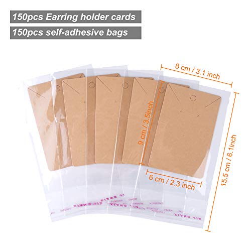 150 Set Earring Card with 150 Pieces Bags, Earring Card Holder Blank Kraft Paper Tags for DIY Ear Studs Necklace Jewelry Display (Brown)