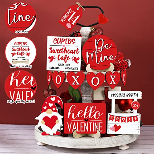 Valentine&#x27;s Day Tiered Tray Decor Valentine&#x27;s Day Table Wooden Sign Decorations Tabletop Farmhouse Coffee Signs Heart Gnome Decor for Valentine&#x27;s Day Party Home Kitchen Holiday (Heart Style, 12 Pcs)