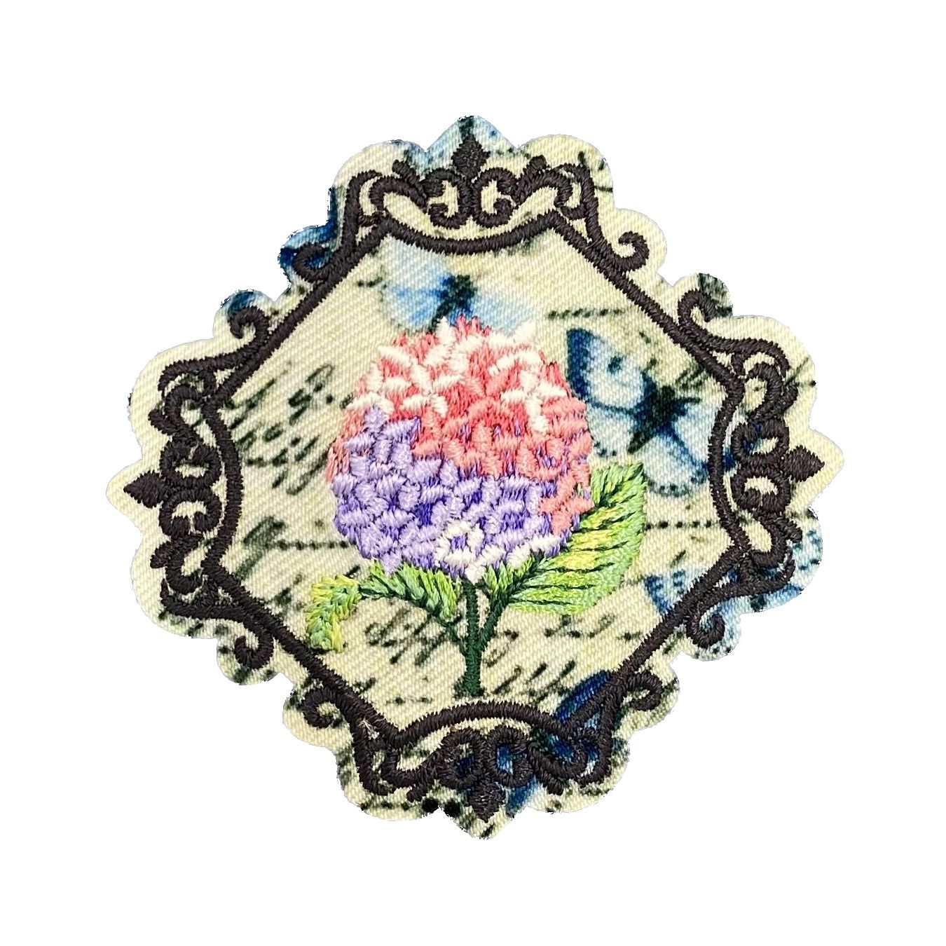 Hydrangea Flowers in Vintage Postage Stamp Frame, Embroidered, Iron-on Patch