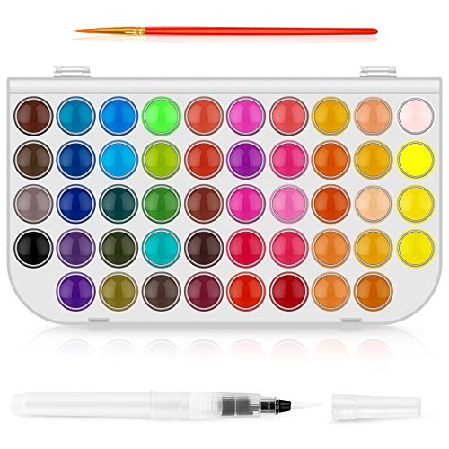 48-Color Watercolors Cake & a Brush a Refillable Water Brush Pen, Portable Water Colors Paints Set for Kids Children Students Adults Beginner Artists Painting Supplies